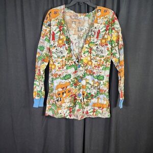 S.C.R.U.B.S. Noahs Ark Animal Print Scrub Jacket Cardigan Button Front Womens M